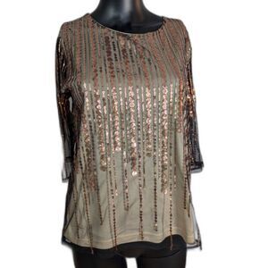 Sheer Black Sequin Top Rose Gold Stripe Women’s Small Party Blouse
